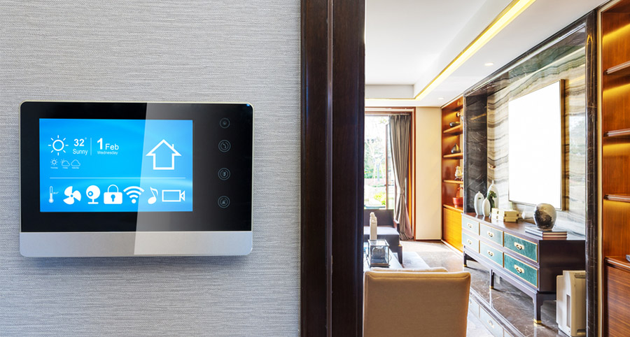 home security control panel in a modern living room