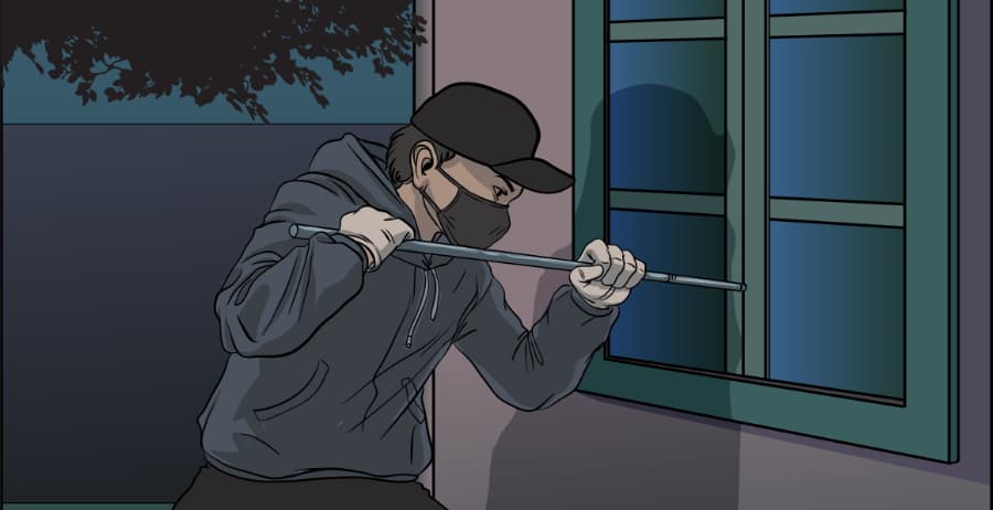 Illustration of burglar forcing entry through a window in Lancaster