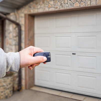 Lancaster security key fob pointing to a garage door